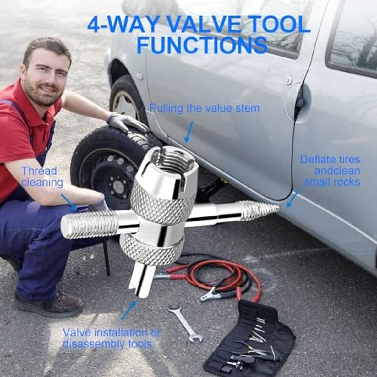 Chrome four-way valve tool with threaded stem and metal core installation/disassembly tips