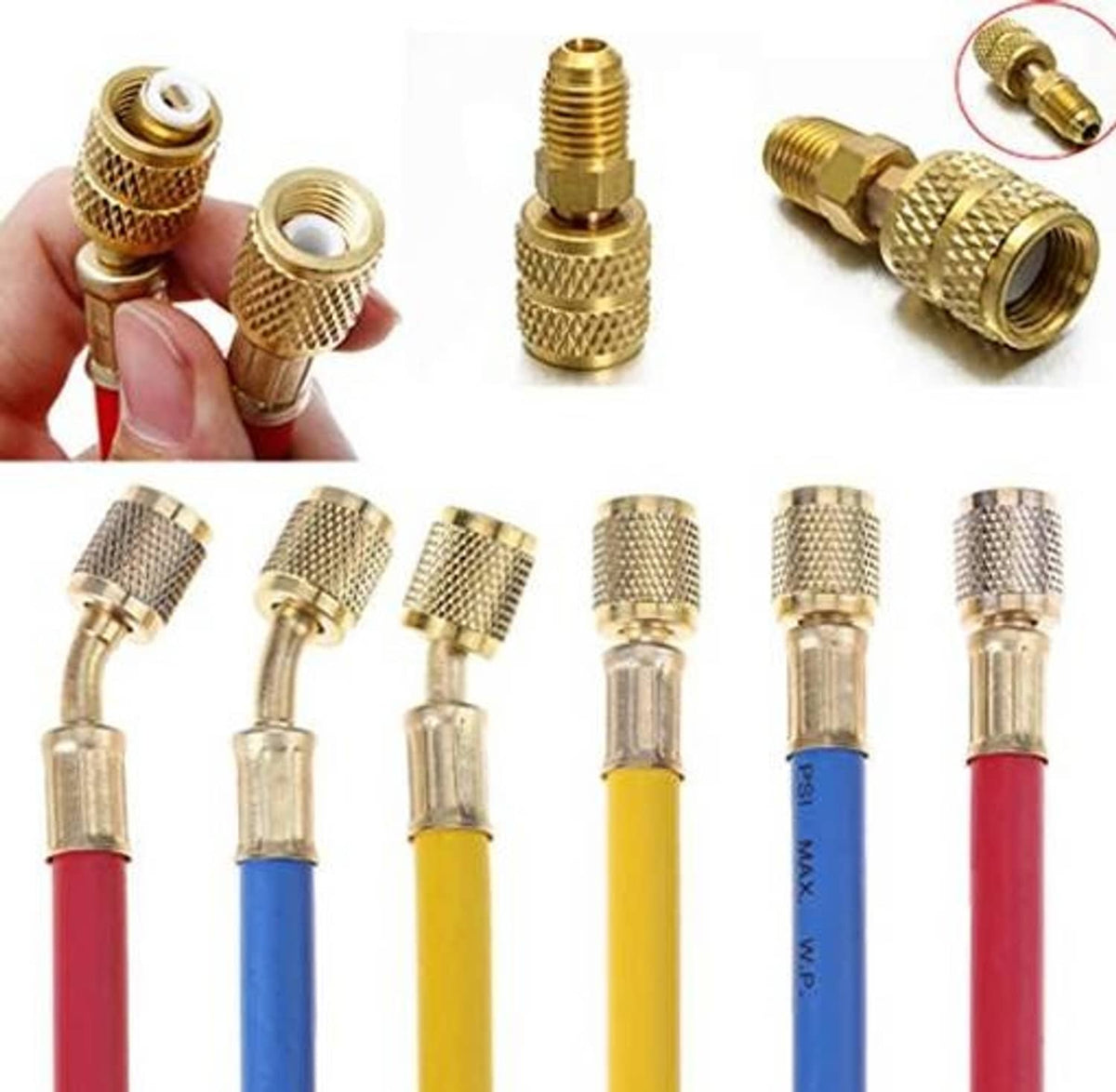 Assorted brass adapters and fittings for refrigerant charging hoses with color-coded tubes