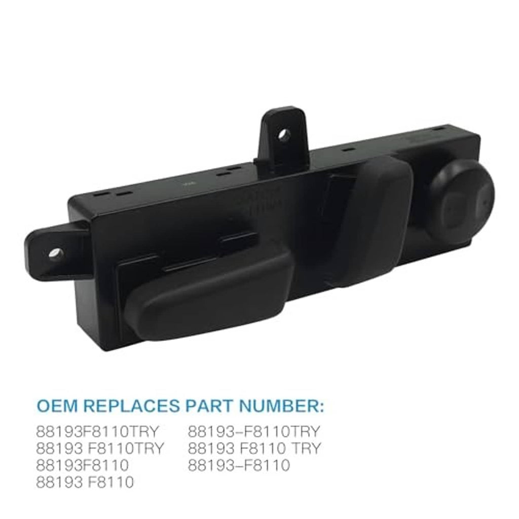 Black power seat switch housing with circular knob and metal mounting tabs.