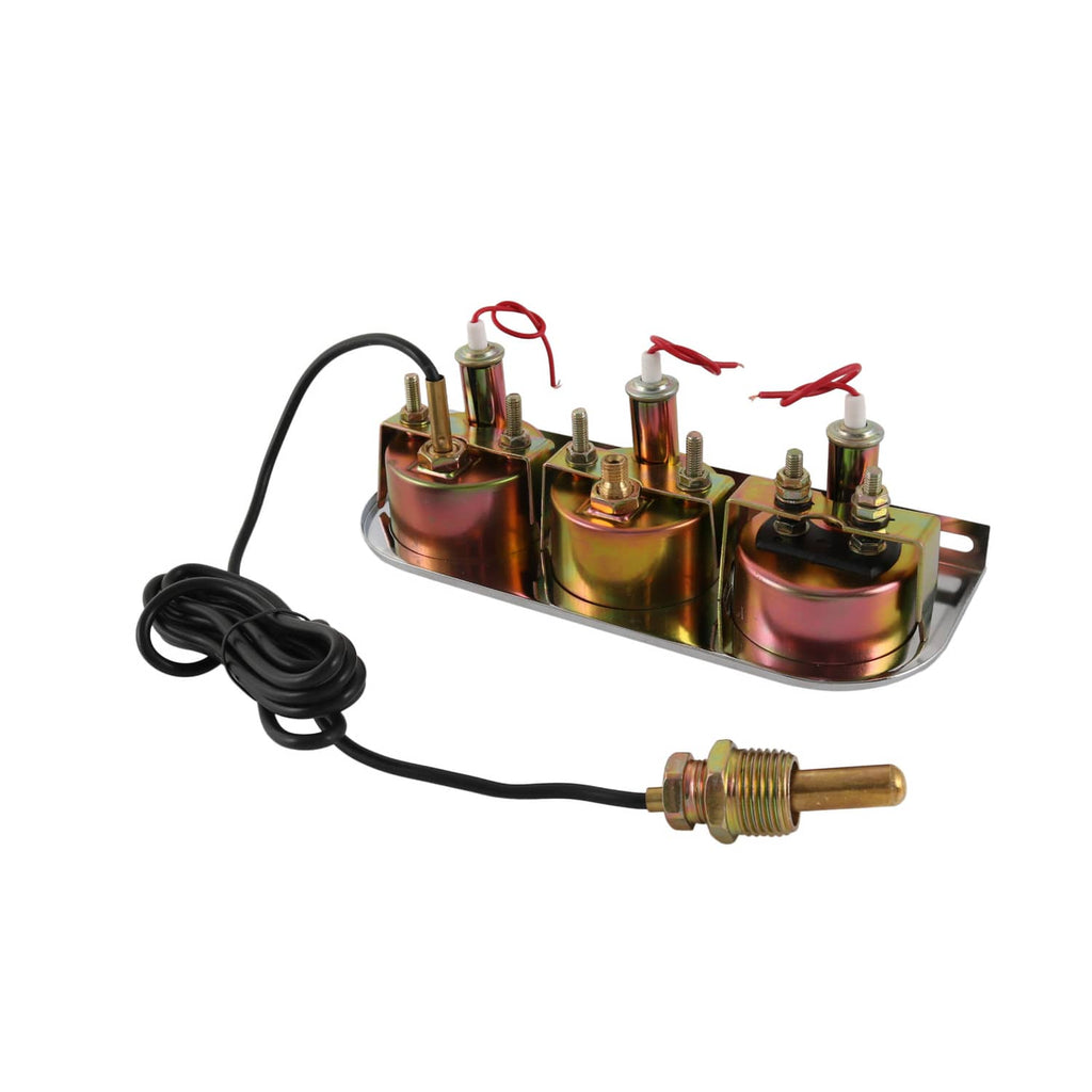 Triple gauge sensor kit with chromed mounting base, black cable, and brass probes