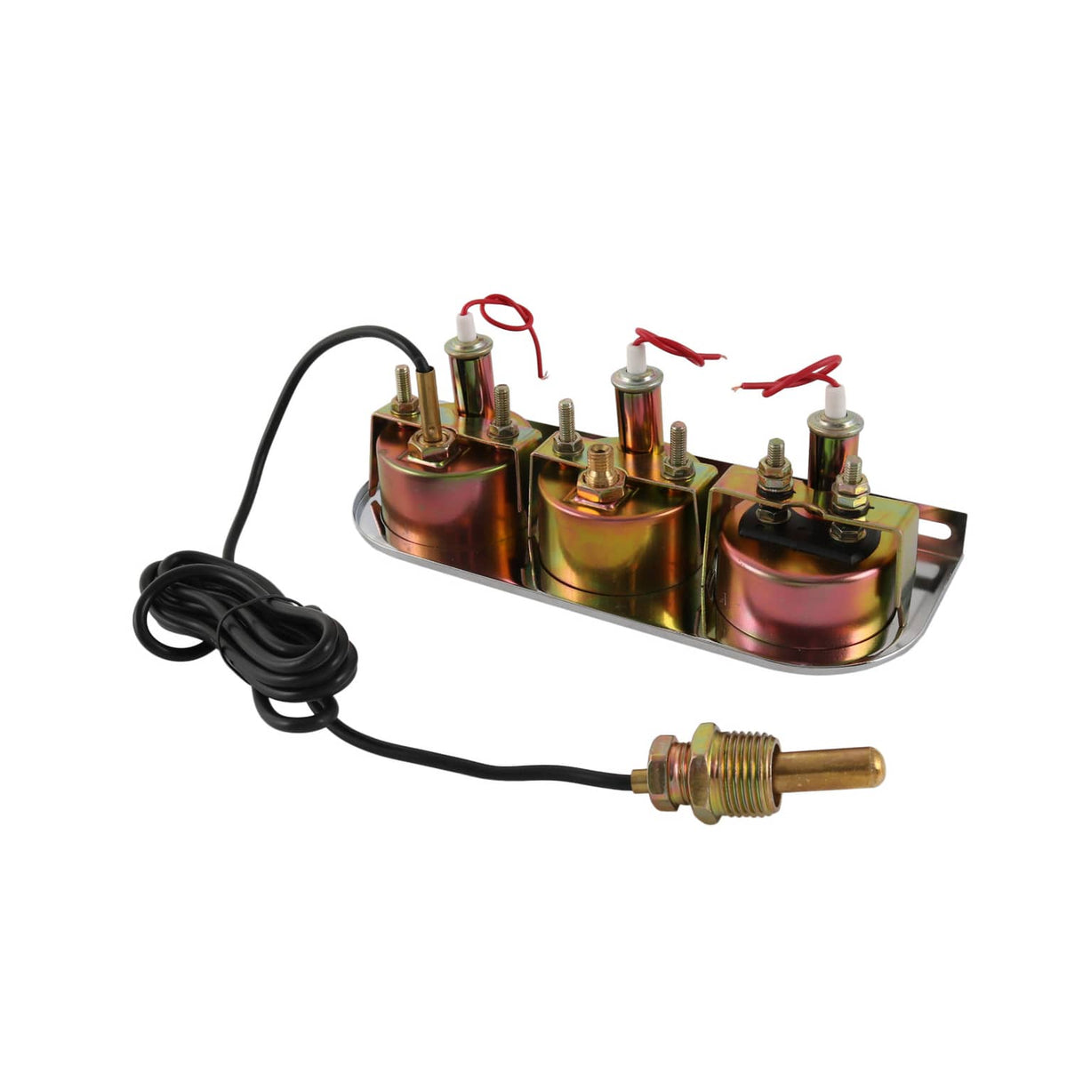 Triple gauge sensor kit with chromed mounting base, black cable, and brass probes