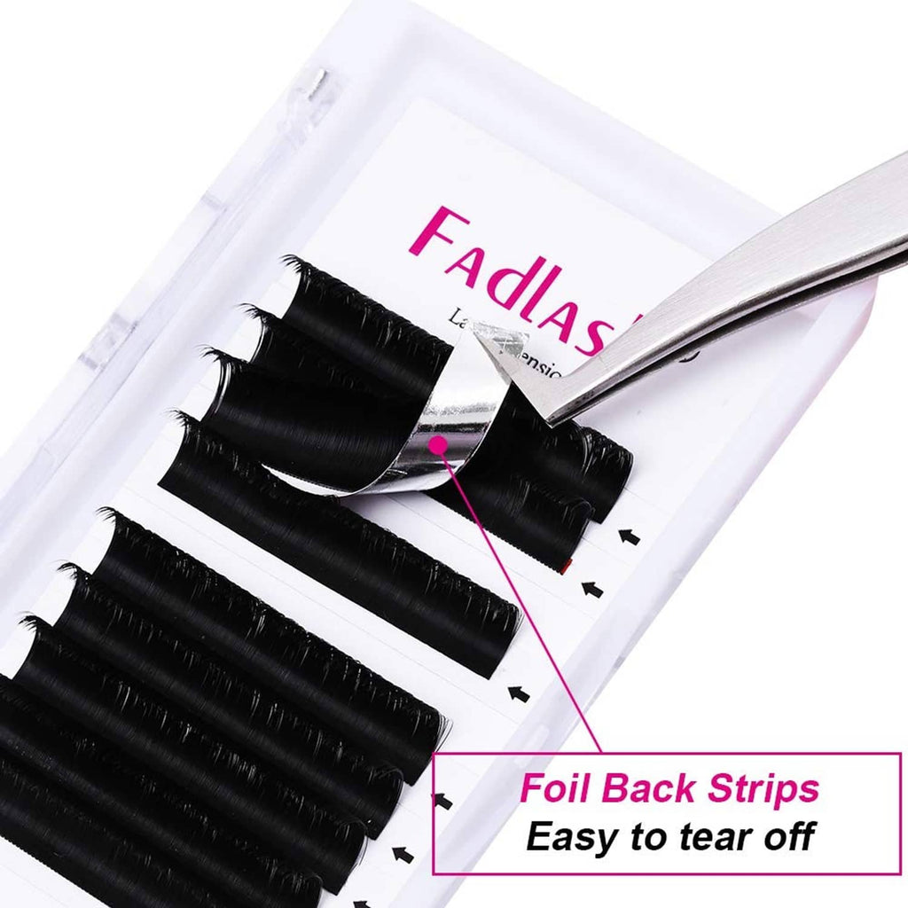 Black lash extension strip with tweezers lifting self-fanning fans from the base