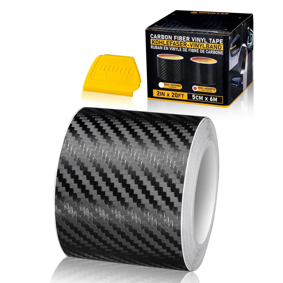 Carbon fiber vinyl wrap tape roll in dark gray/black with carbon-fiber weave pattern