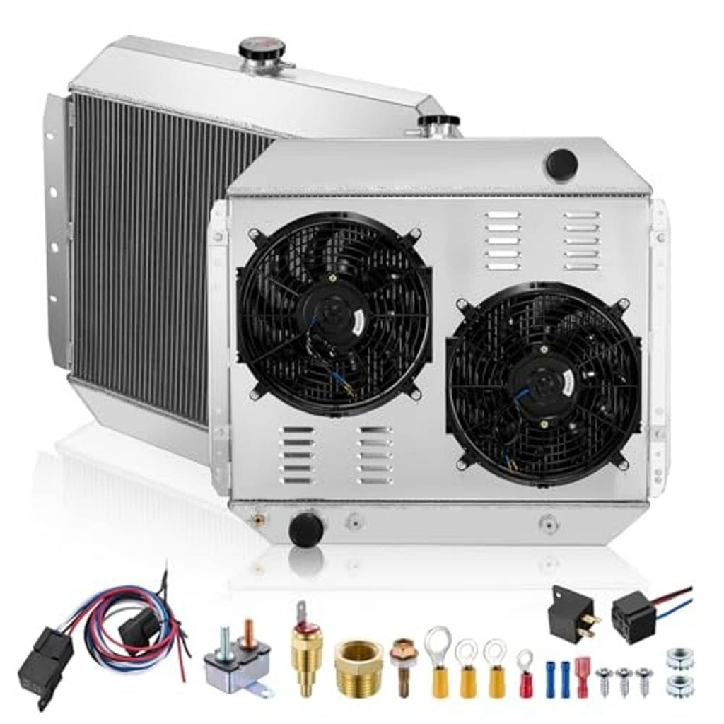 Aluminum radiator with dual fans and thermostat switch, shown with included connectors