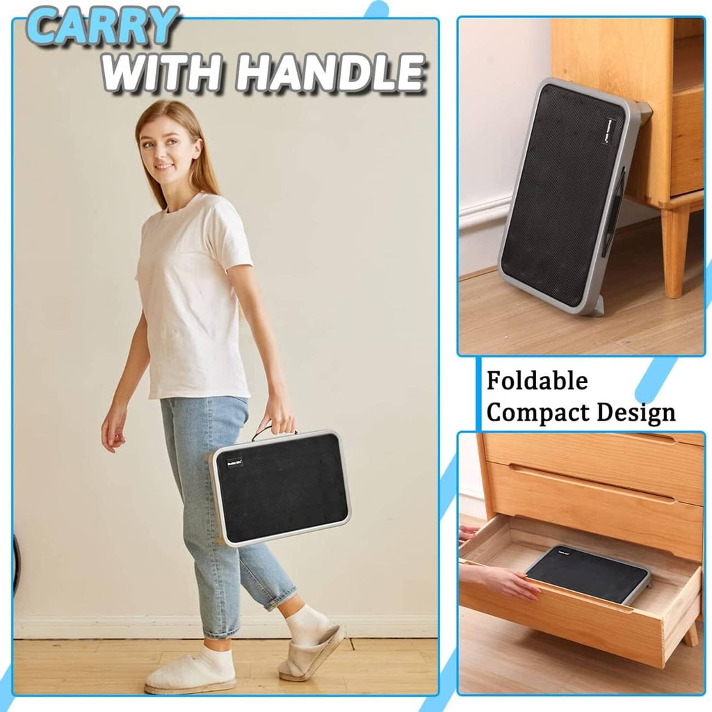 Gray folding step stool with carry handle and compact foldable storage design