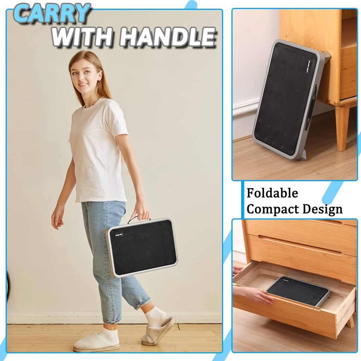 Gray folding step stool with carry handle and compact foldable storage design