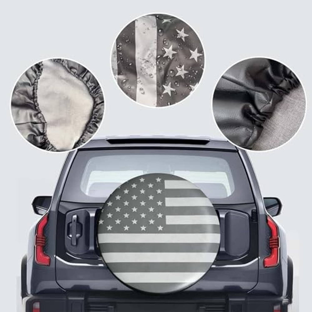 Spare tire cover with American flag stars and stripes, with side fabric texture detail.