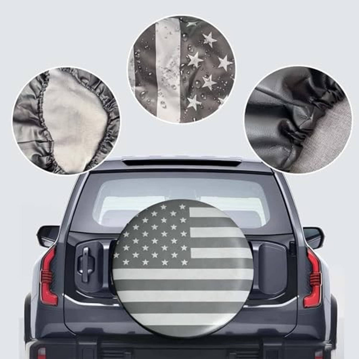 Spare tire cover with American flag stars and stripes, with side fabric texture detail.