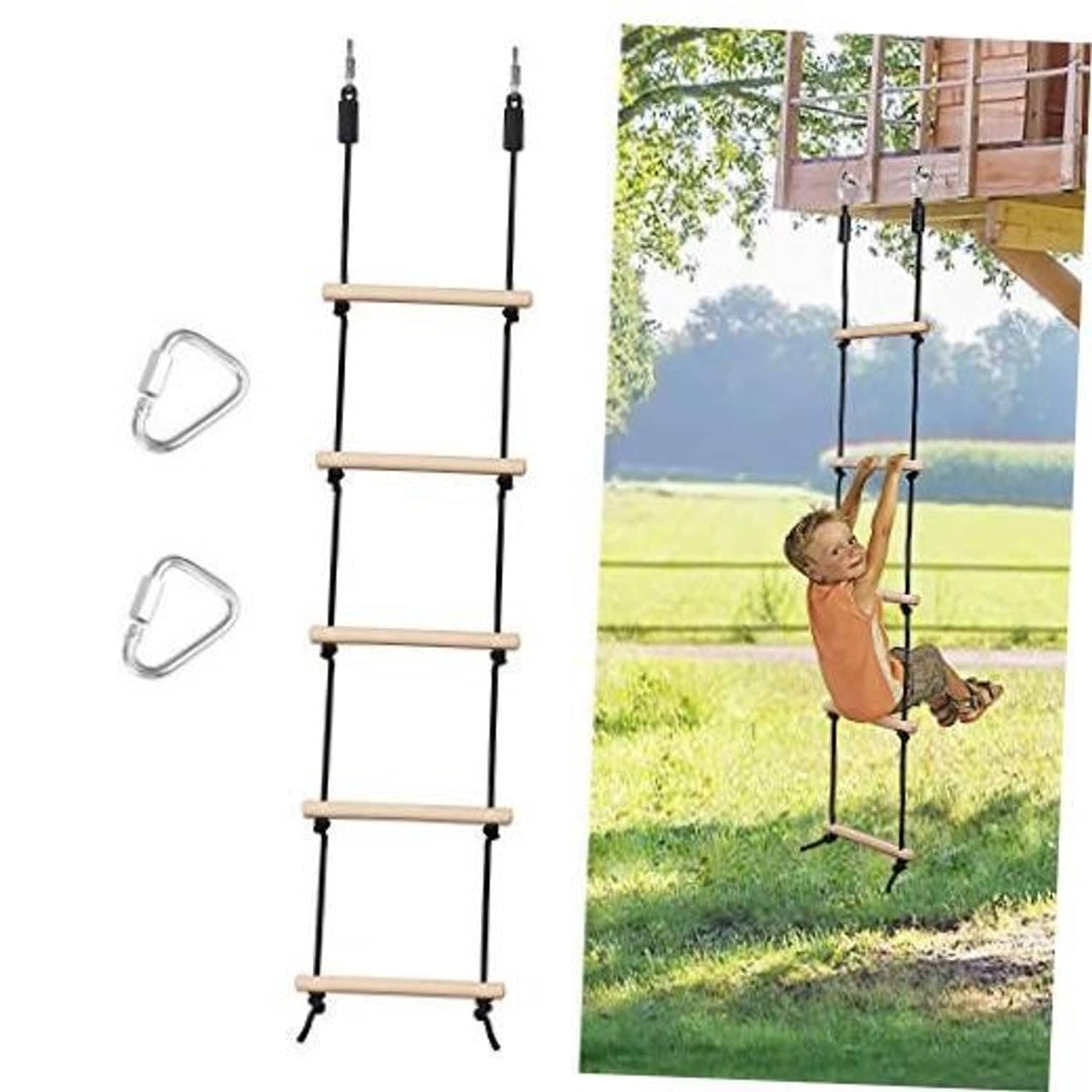 Kids rope ladder swing with wooden rungs, black side ropes, ladder frame for outdoor play