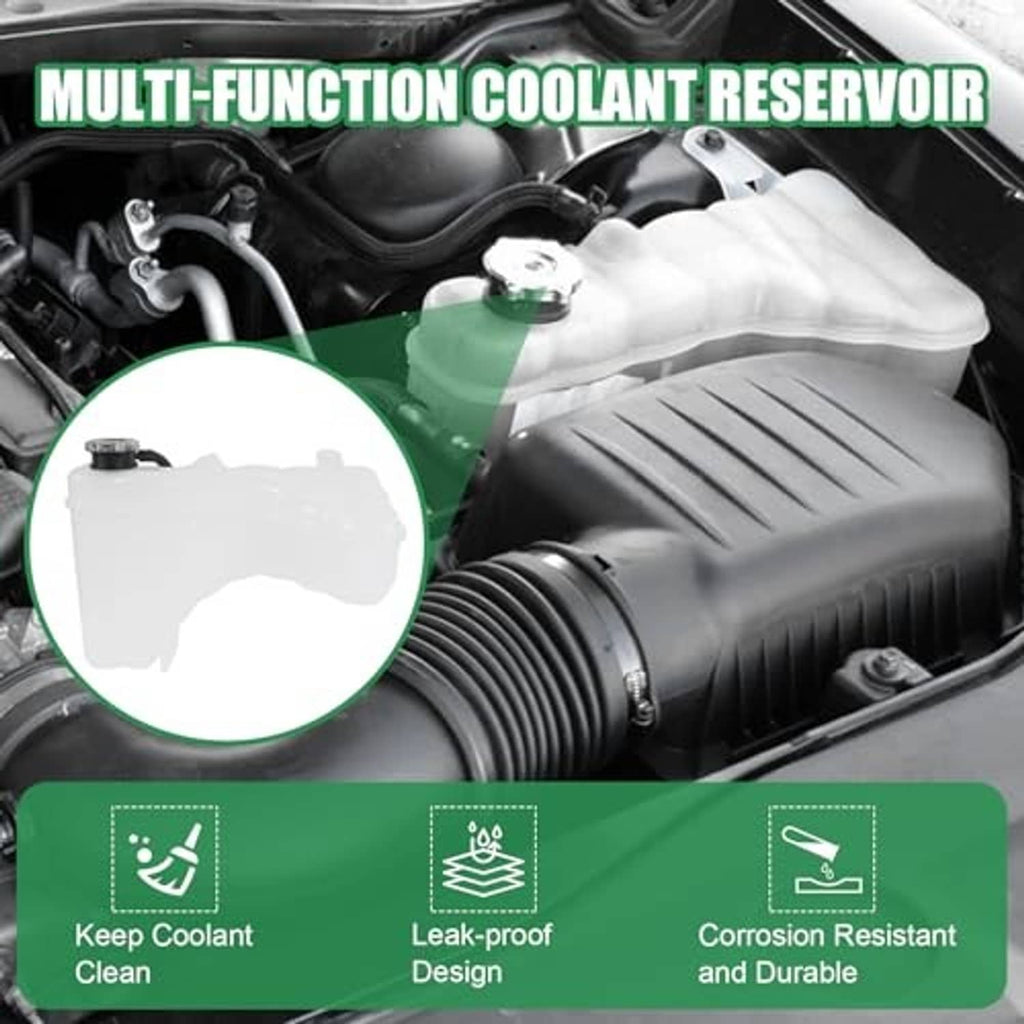 White coolant reservoir shown with cap and outlet hose for engine bay