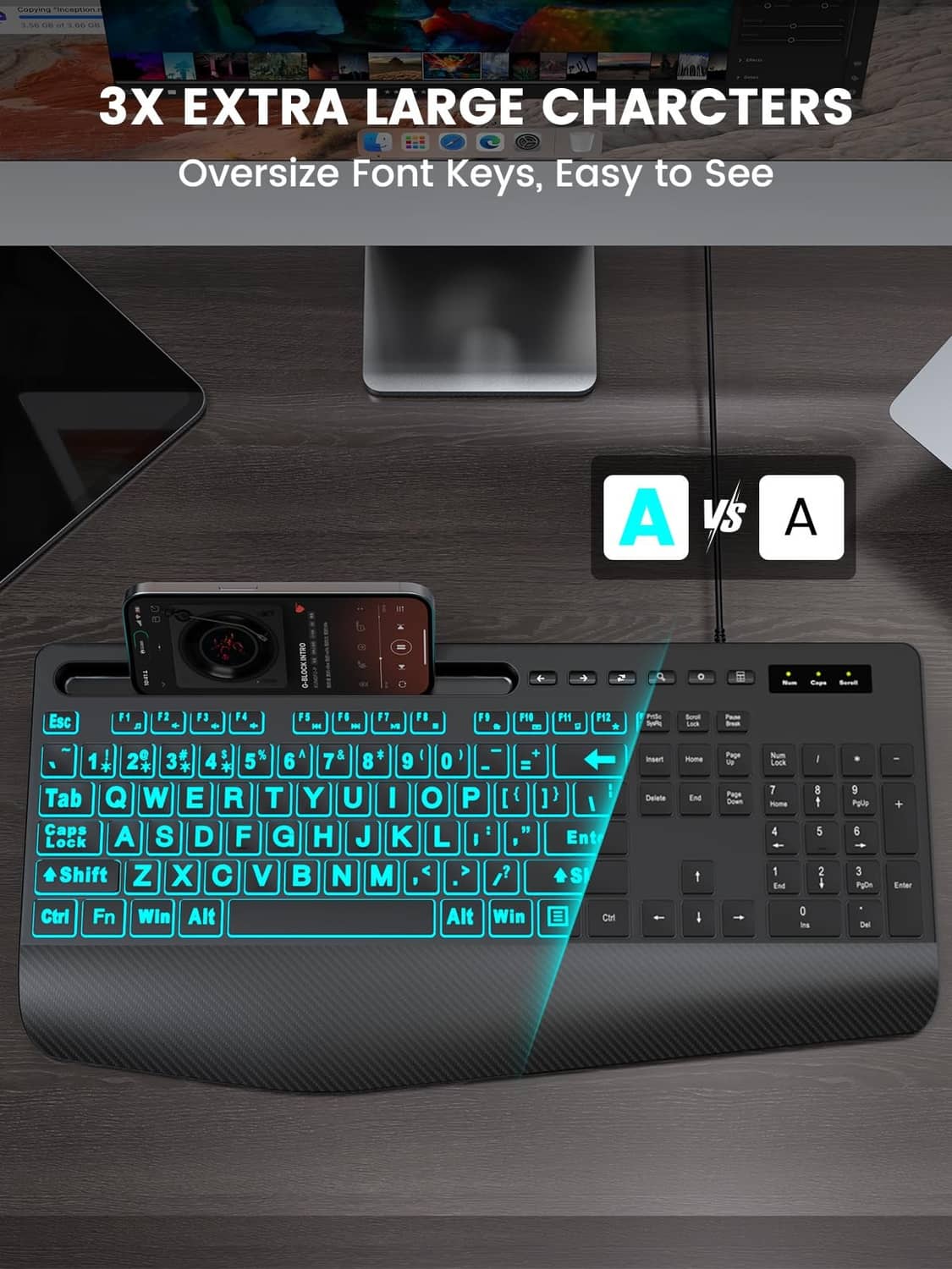 Black wired backlit keyboard with large oversize keys in blue