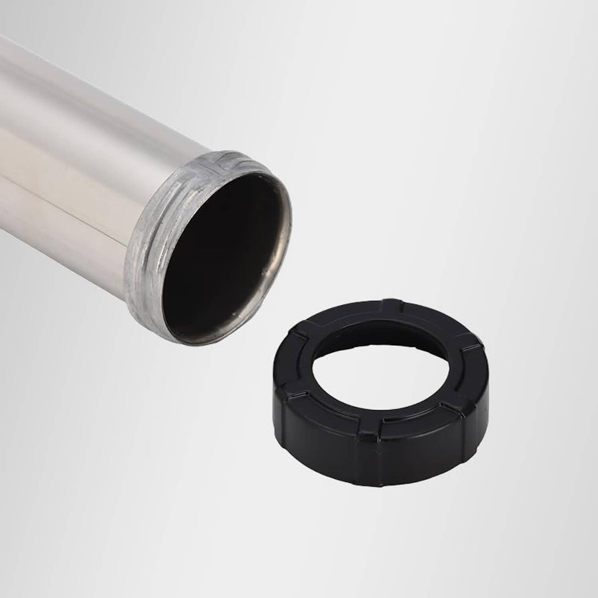 Silver caulking gun tube end with black front cap