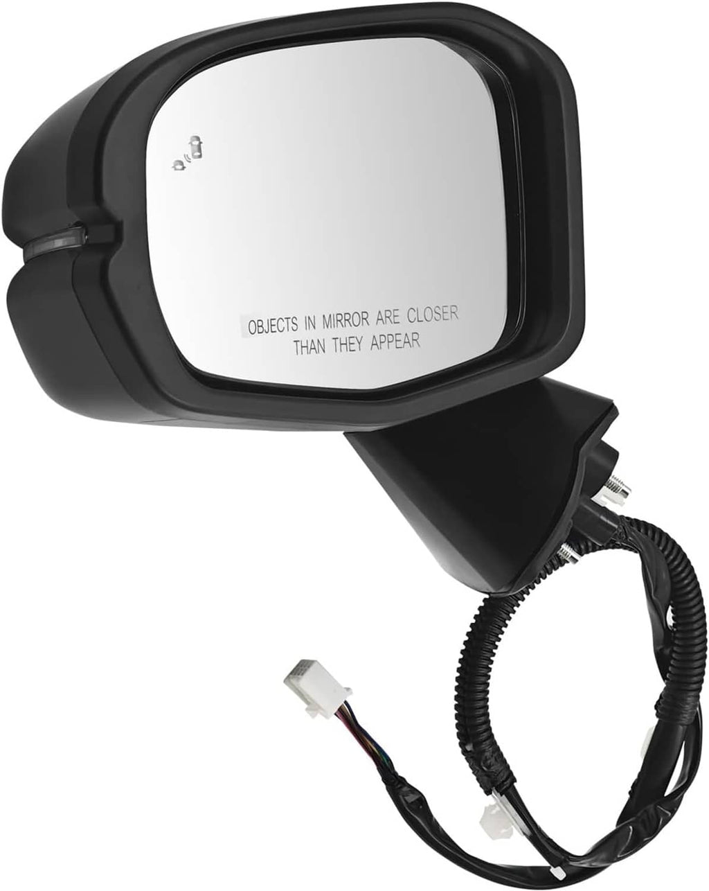 Side mirror glass with warning text, dark frame, and wiring connector