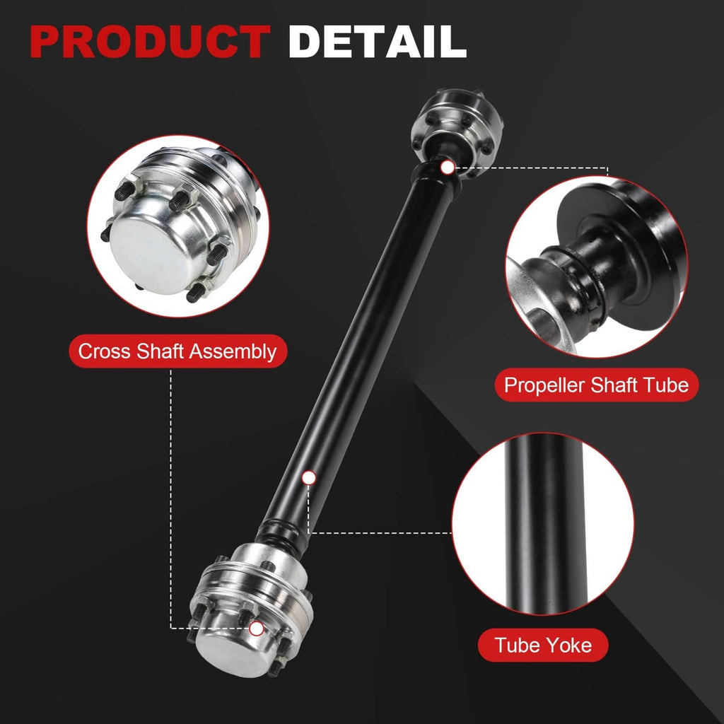 Front driveshaft prop shaft tube with front yoke and flange ends, close-up