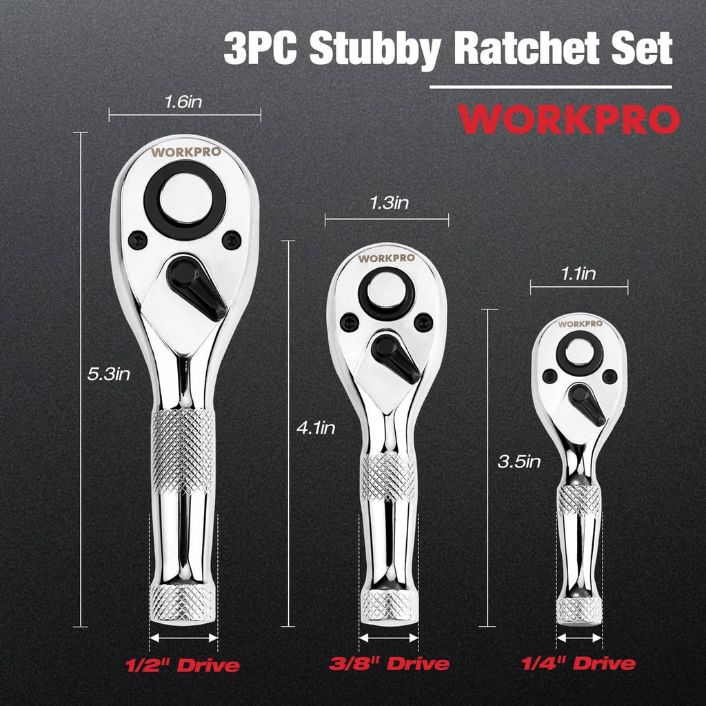 3-piece stubby ratchet set in silver chrome with black quick-release drive ends