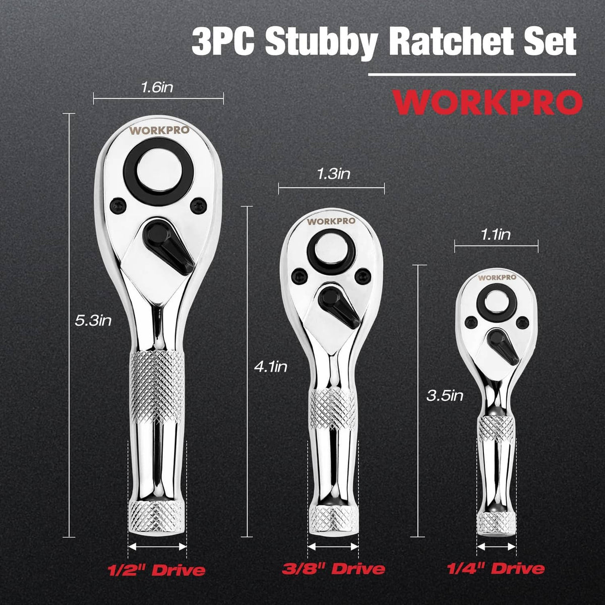 3-piece stubby ratchet set in silver chrome with black quick-release drive ends