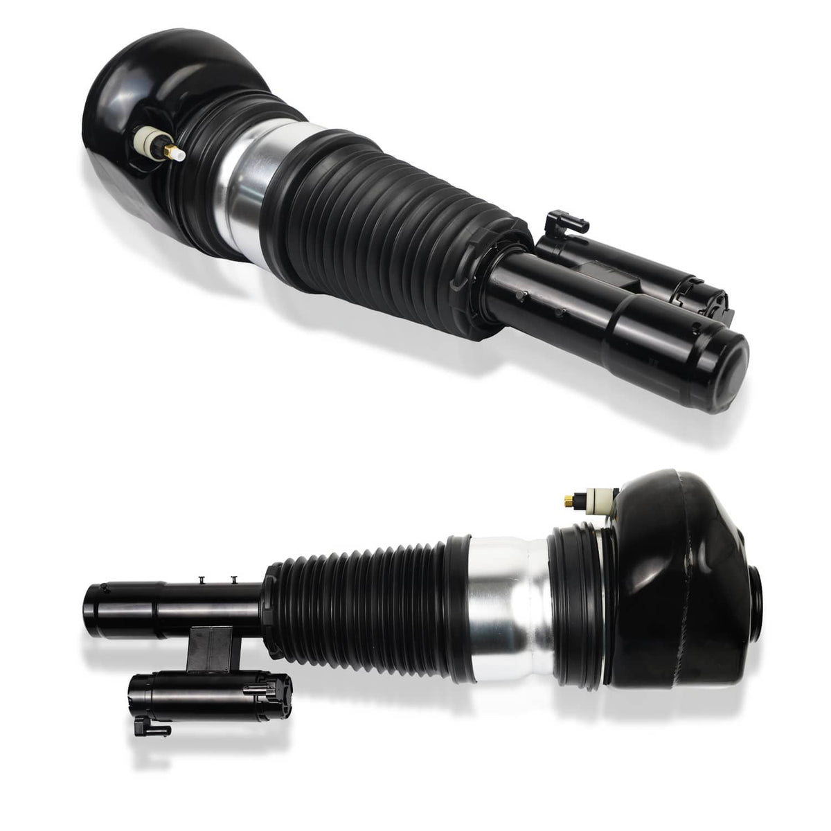 Front air suspension struts with black bellows, silver rod, and lower shock mount brackets