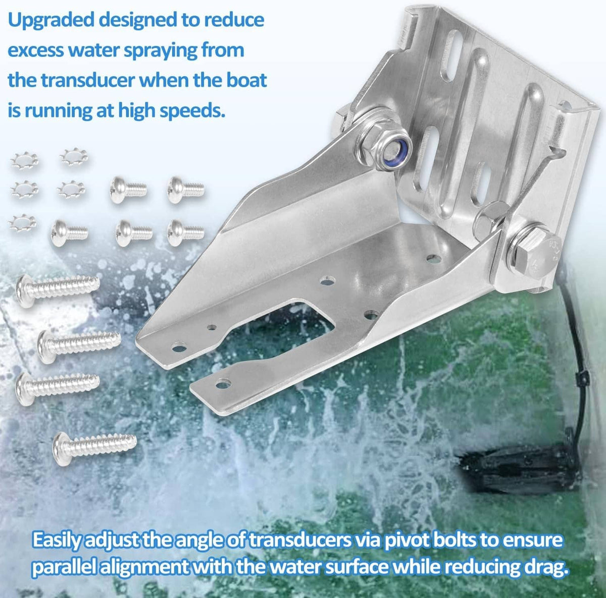 Stainless steel transom mount bracket with pivot bolts and spray-reduction shield