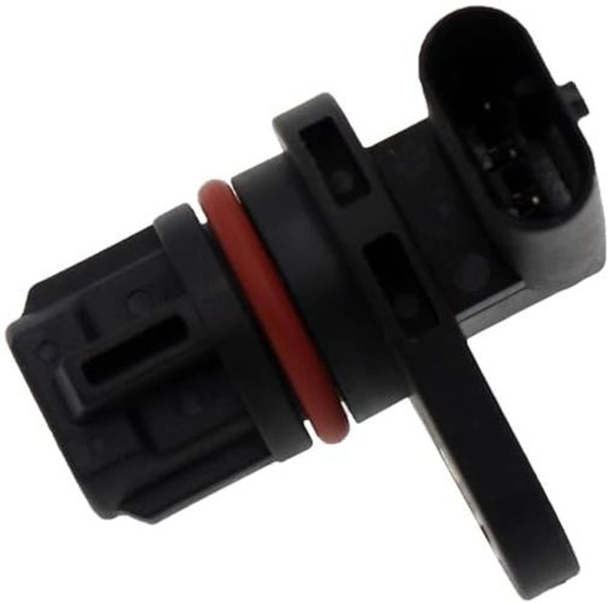 Engine camshaft position sensor angled view, black housing, red seal ring, and connector
