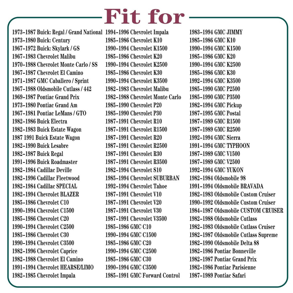 Vehicle fitment chart for transmission shifter linkage bushing spring kit