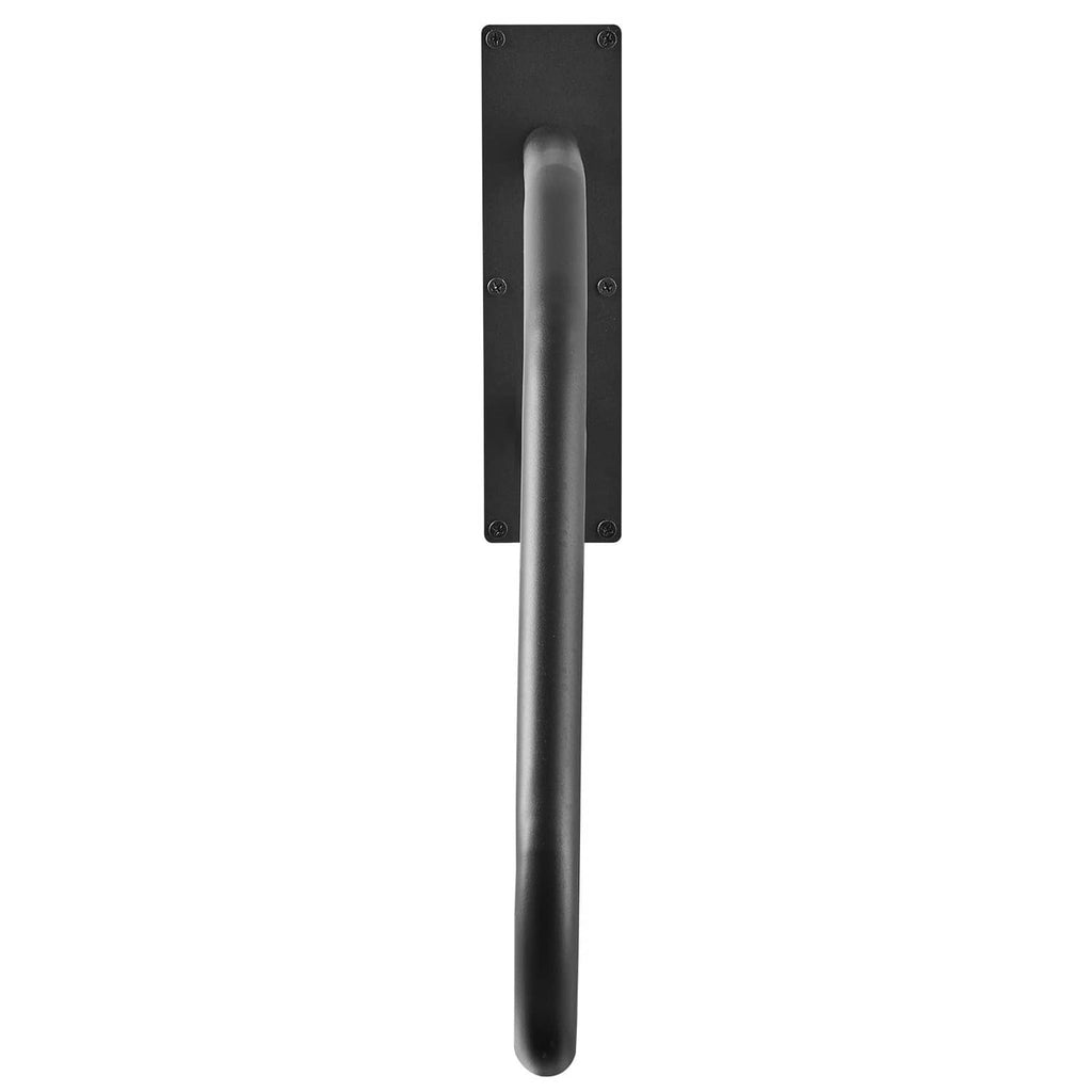 Wall-mounted black handrail with rectangular wall bracket, straight vertical grip