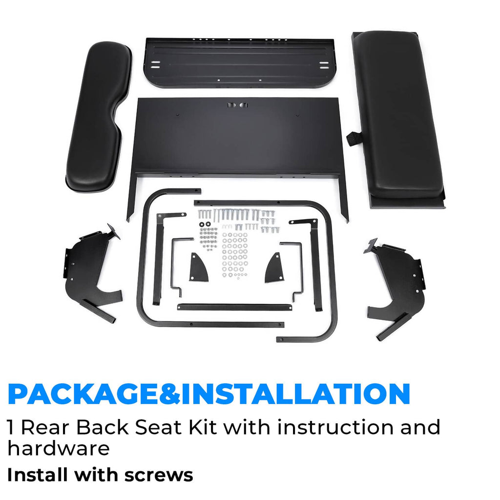 Black rear seat kit parts layout: frame rails, pads, and mounting hardware included