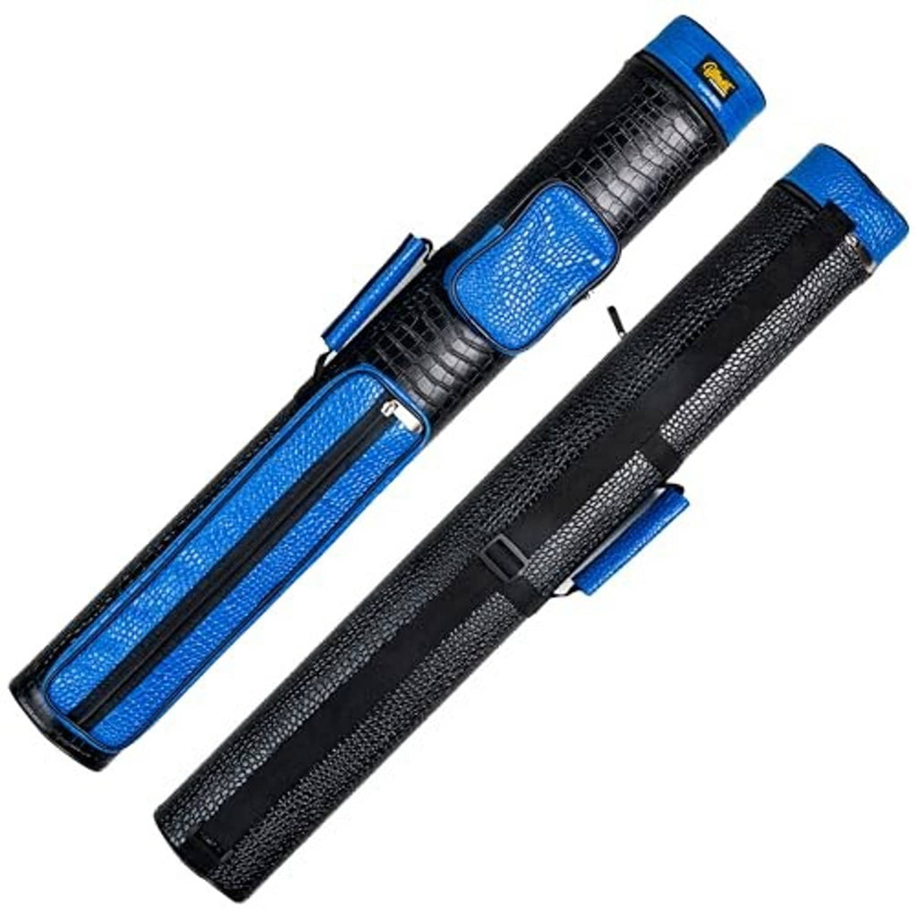 Two-cue hard pool cue case, black textured shell with blue padded center panel