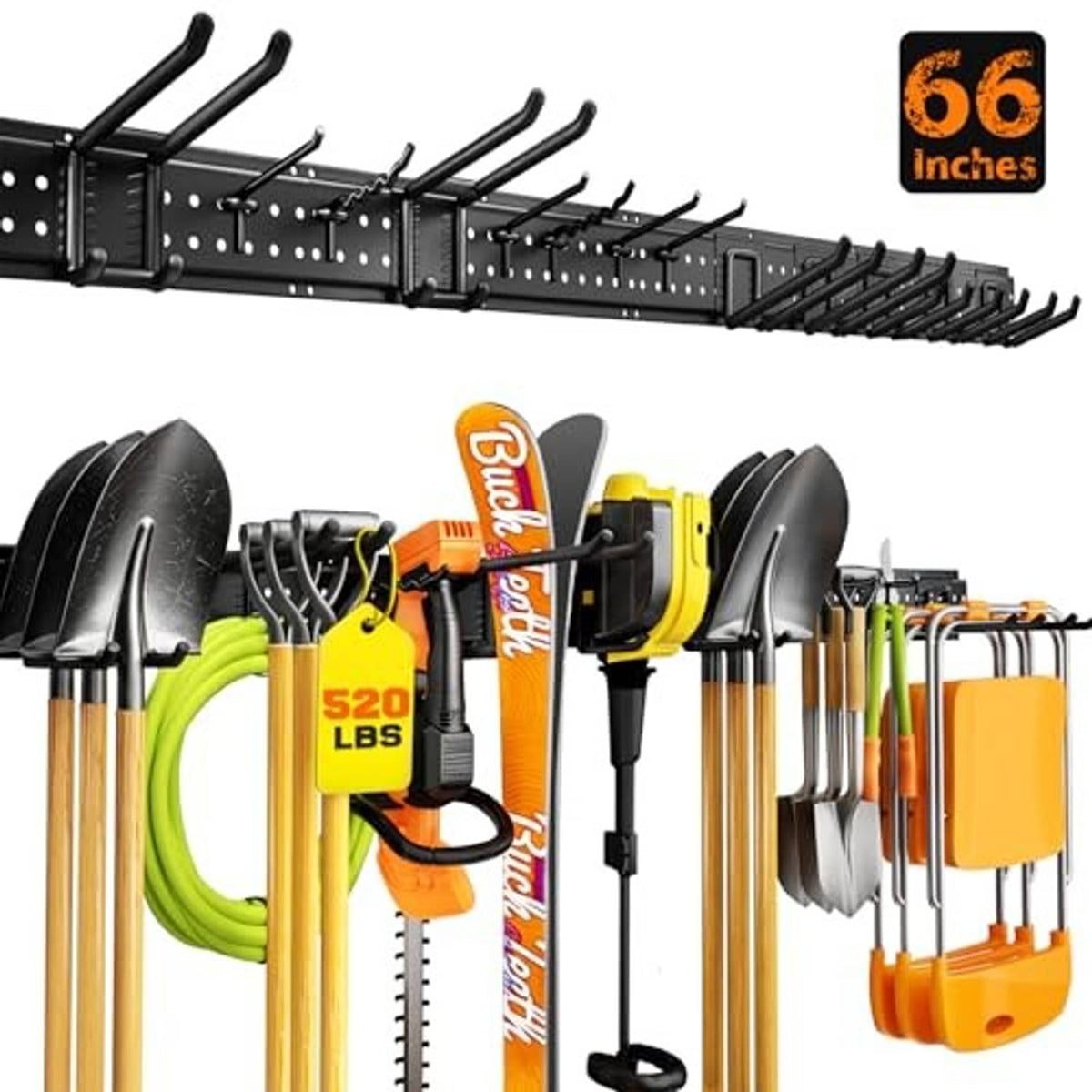 Black 66-inch tool wall organizer rack with four panels and multiple bar hooks