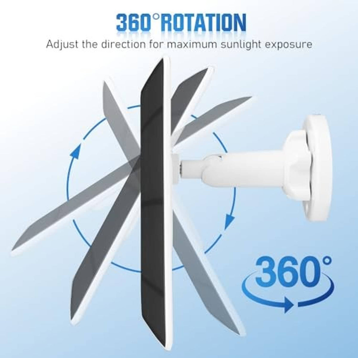 Adjustable 360° solar panel charger with black panel and rotating white mount bracket
