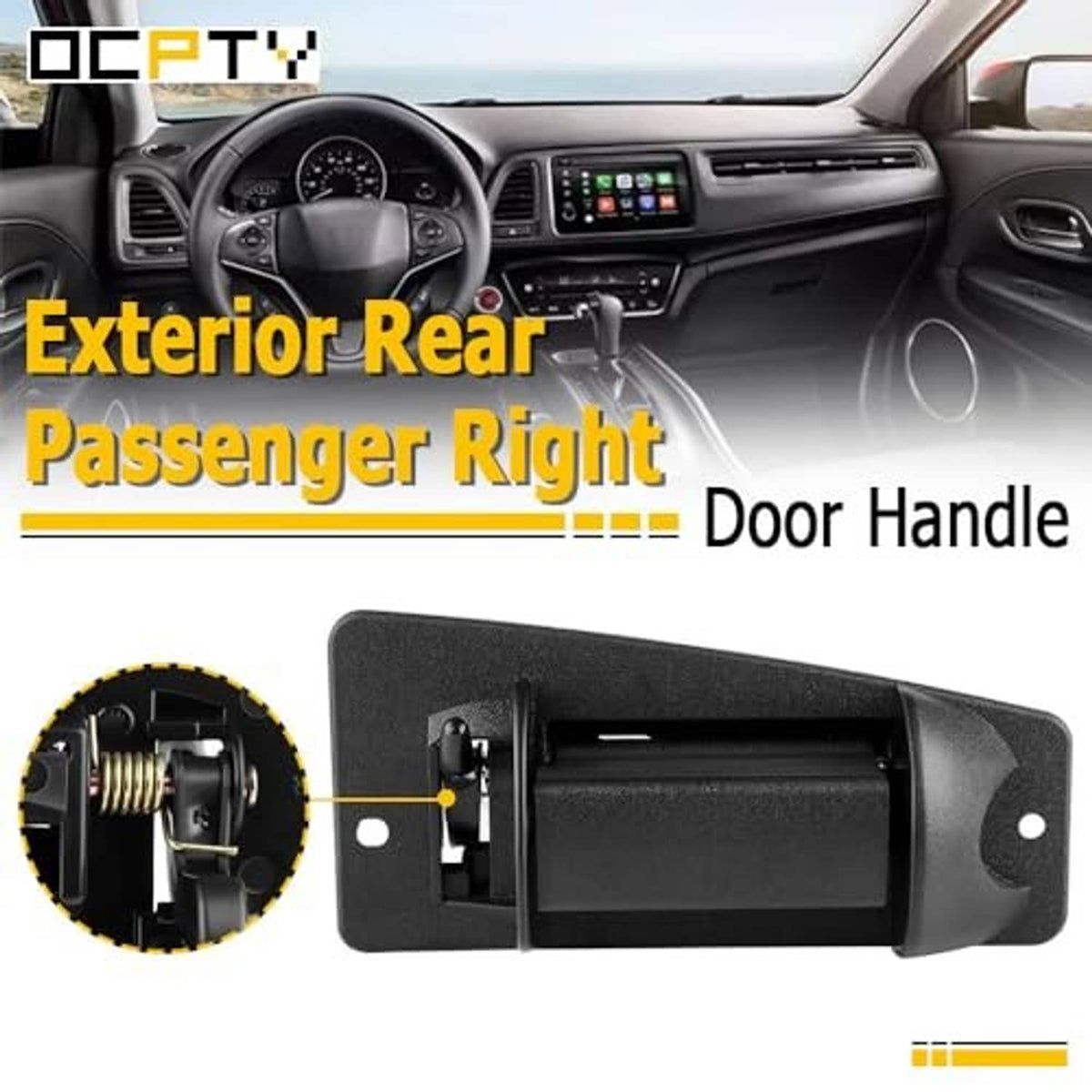 Exterior rear passenger door handle in black with side cutout view detail