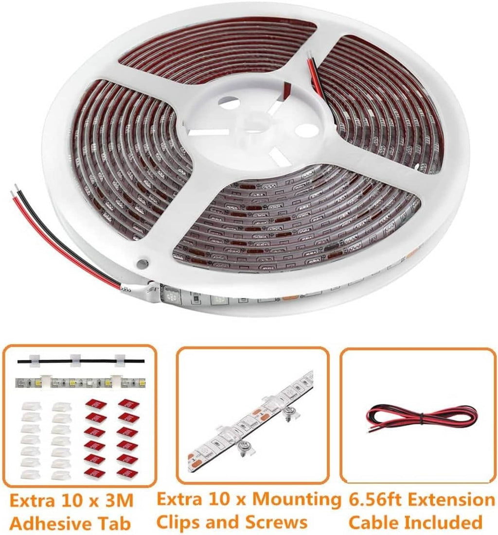 Green LED strip lights reel with extra adhesive clips and 6.56 ft extension shown