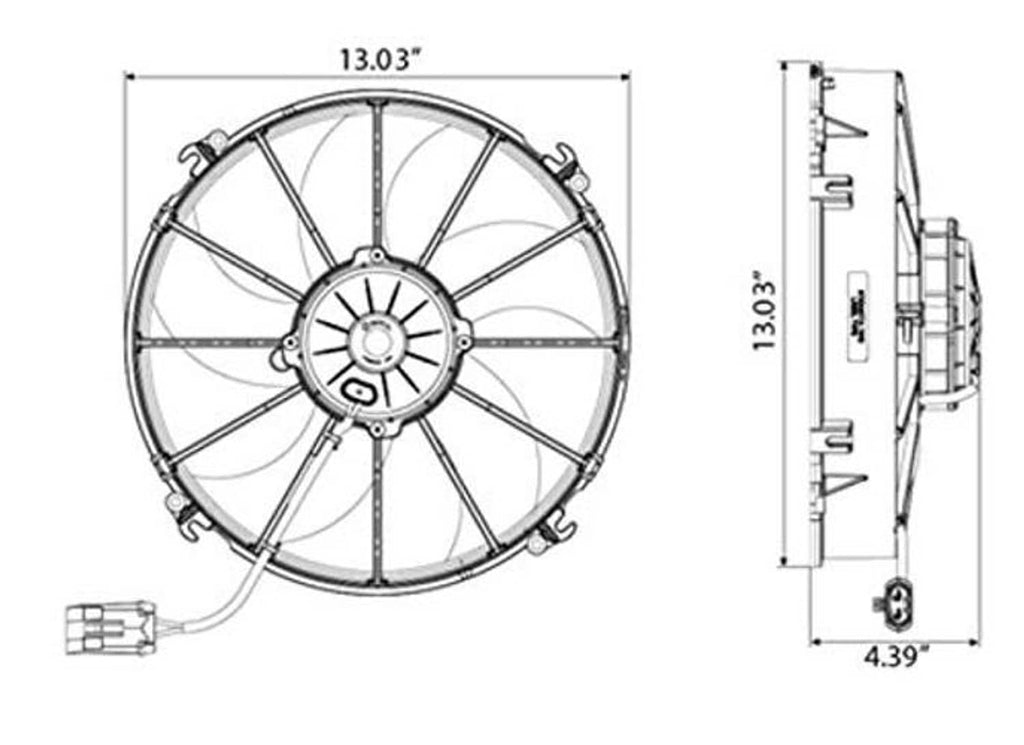 SPAL puller fan technical line drawing showing 13.03 in height and width, 4.39 in depth