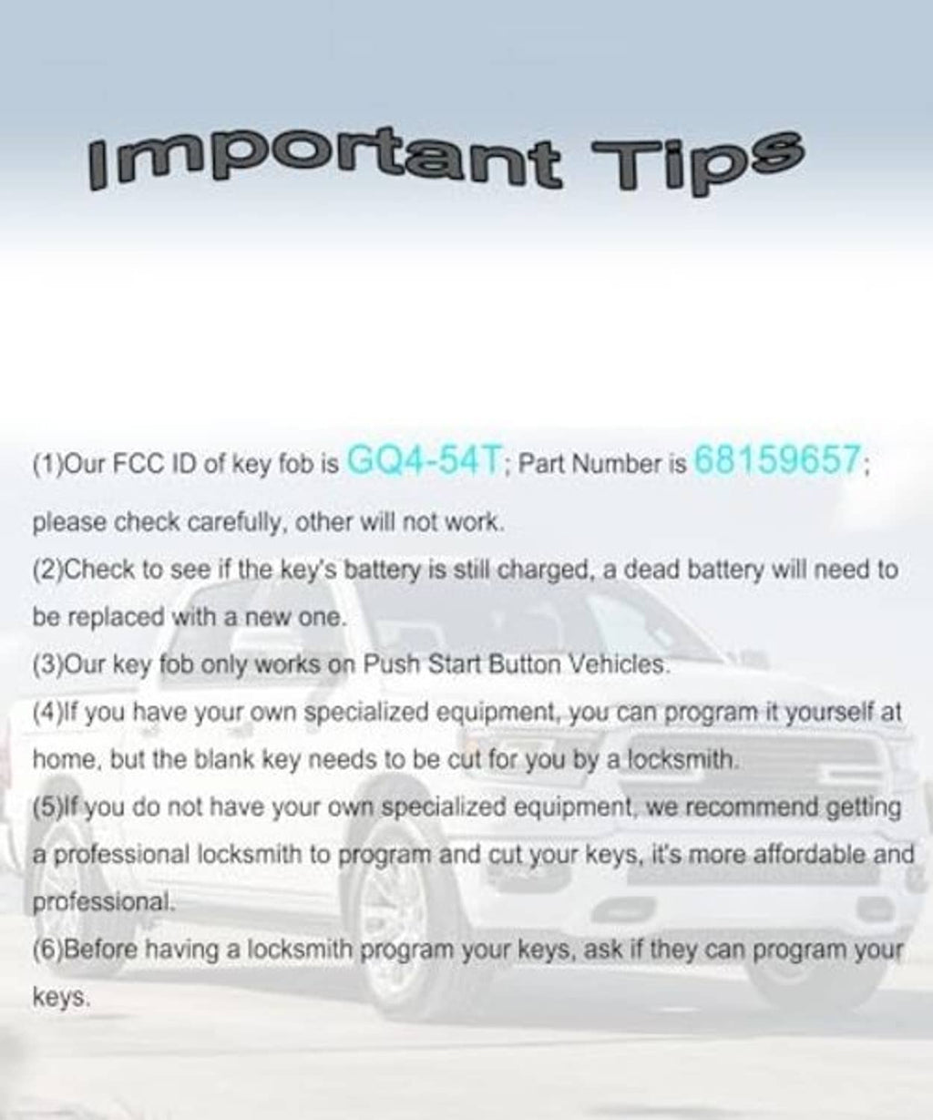 Key fob tips panel with FCC ID and instructions for battery and programming