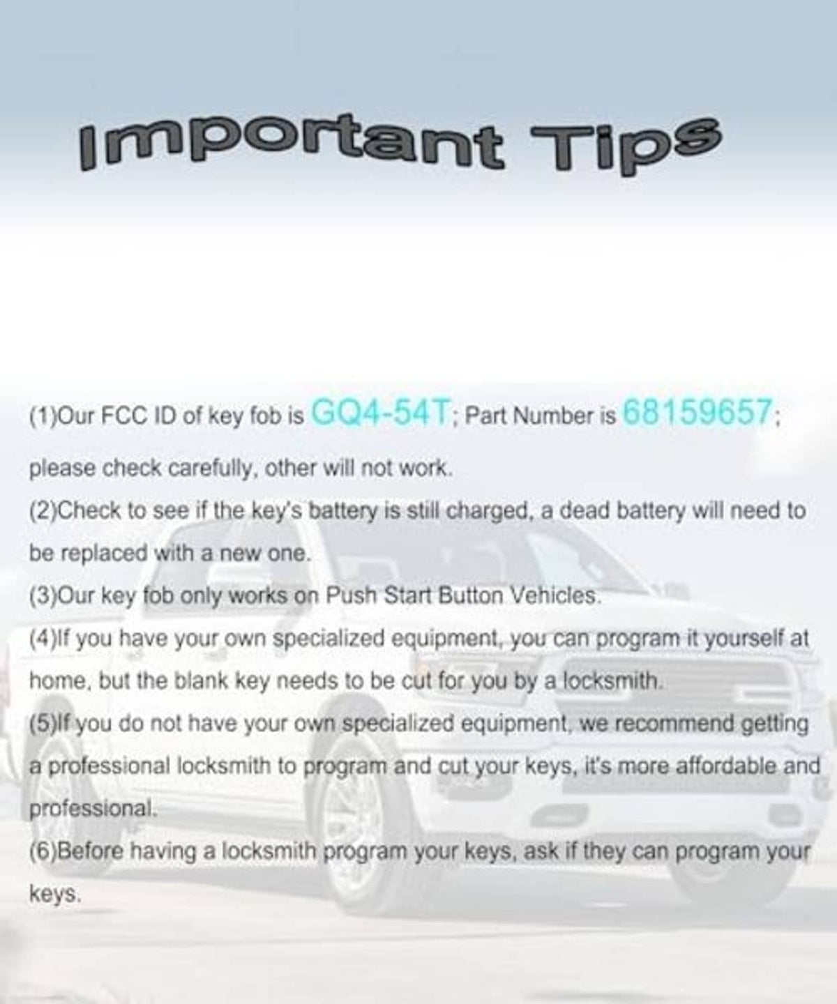 Key fob tips panel with FCC ID and instructions for battery and programming