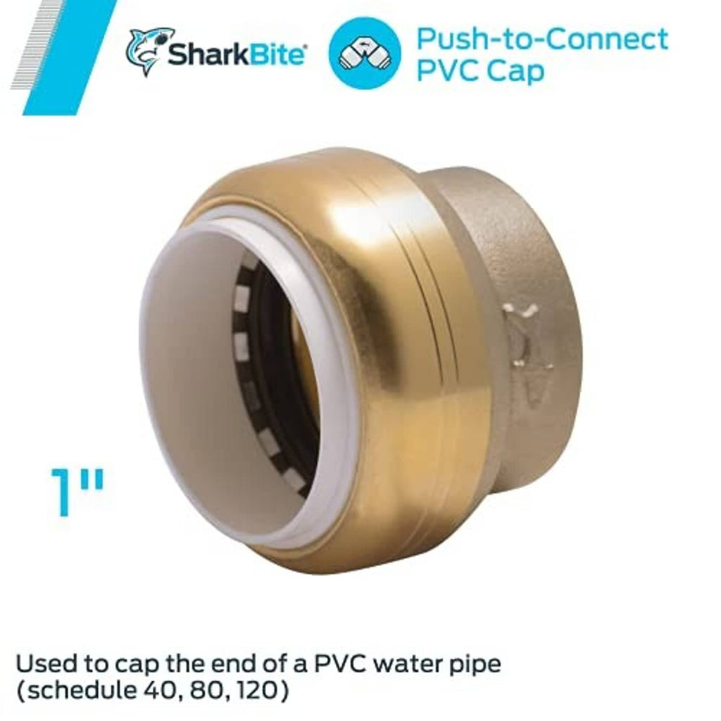 Brass push-to-connect PVC cap fitting with white inner ring opening for PVC pipe