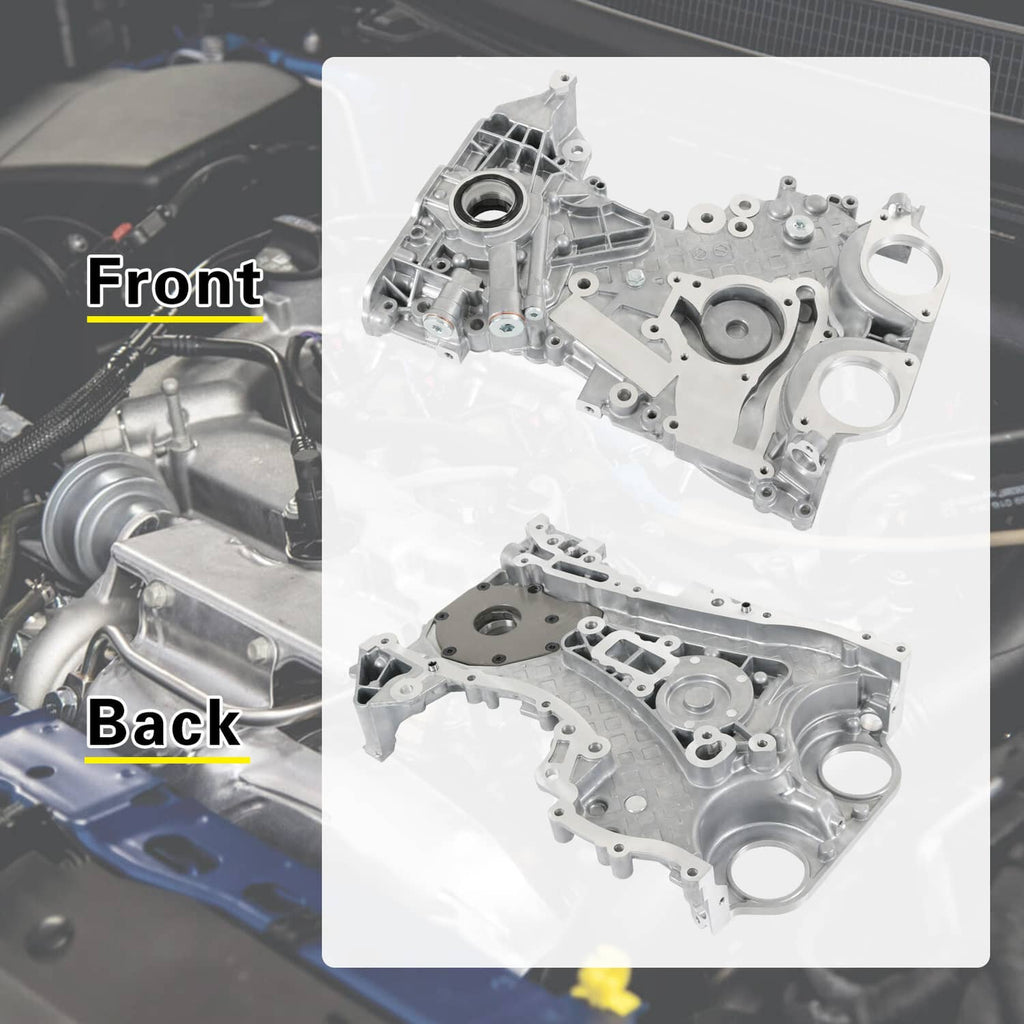 Timing cover assembly shown front and back angles