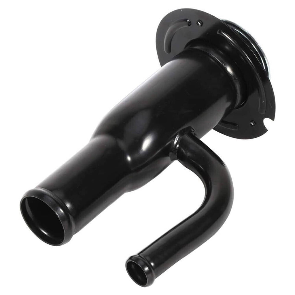 Fuel filler neck pipe with curved outlet, black metal, mounting flange