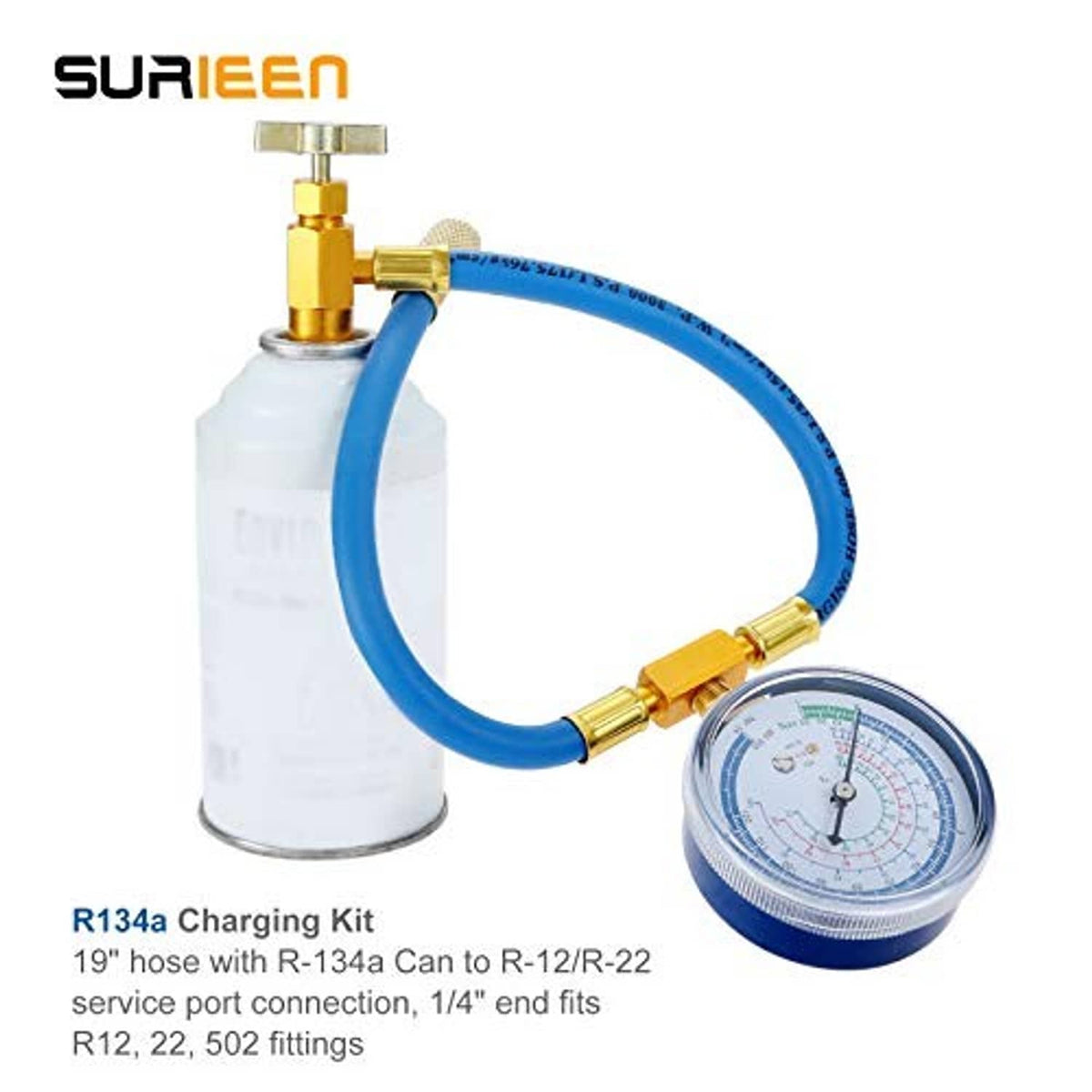 R134a charging kit with blue hose, pressure gauge, and brass valve on cylinder adapter