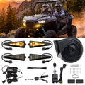 Amber LED turn signal light kit with wiring, mounting hardware, and round horn speaker
