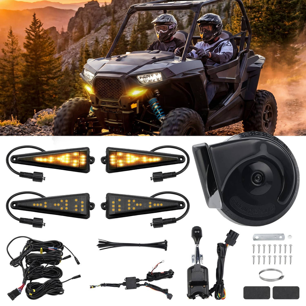Amber LED turn signal light kit with wiring, mounting hardware, and round horn speaker