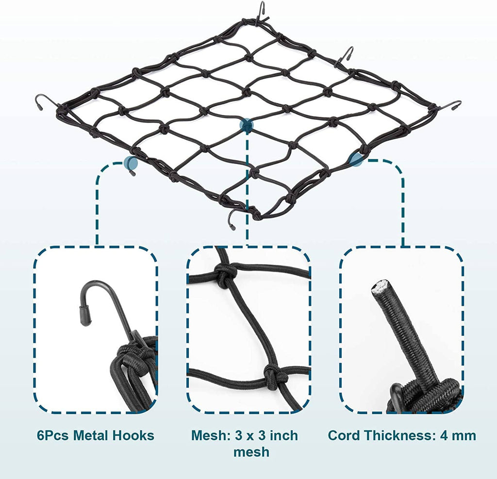 Black bungee cargo net with elastic grid mesh and attached metal hooks