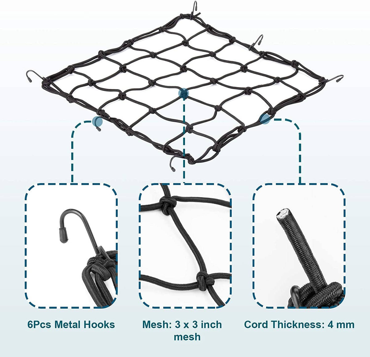 Black bungee cargo net with elastic grid mesh and attached metal hooks