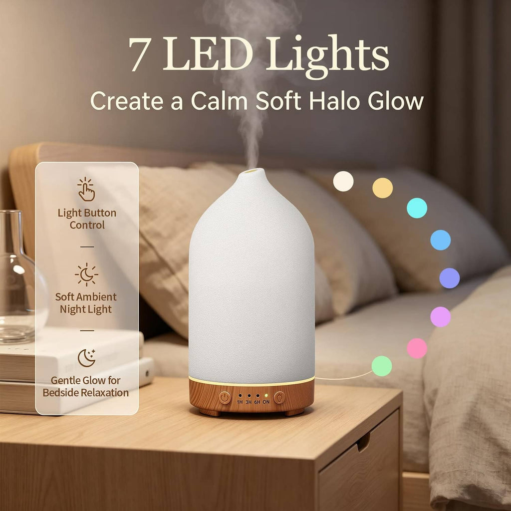 Ceramic essential oil diffuser with wood base, soft multicolor LED glow and mist