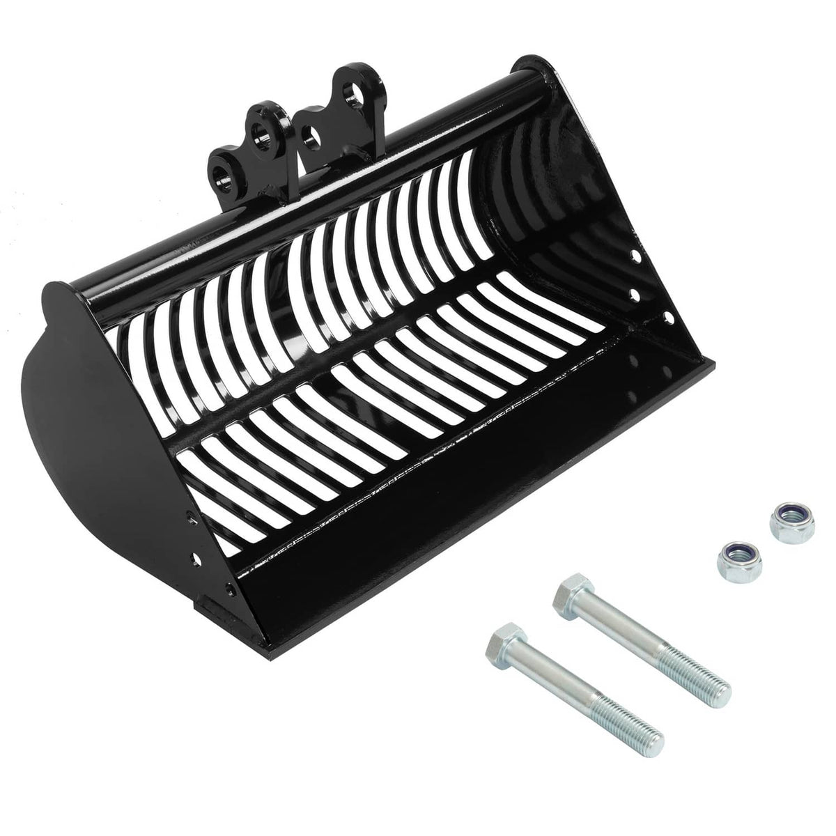 Black screening skeleton mud bucket attachment with white ribbed bars and included hardware