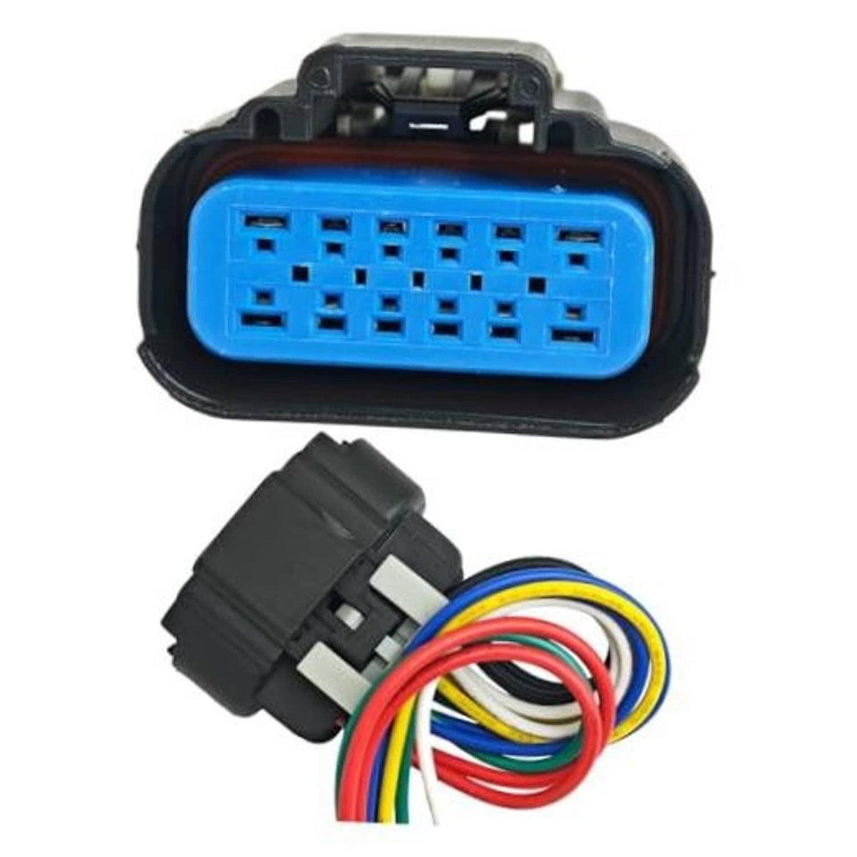 Headlight connector pigtail with blue multi-pin socket and multicolor wire leads