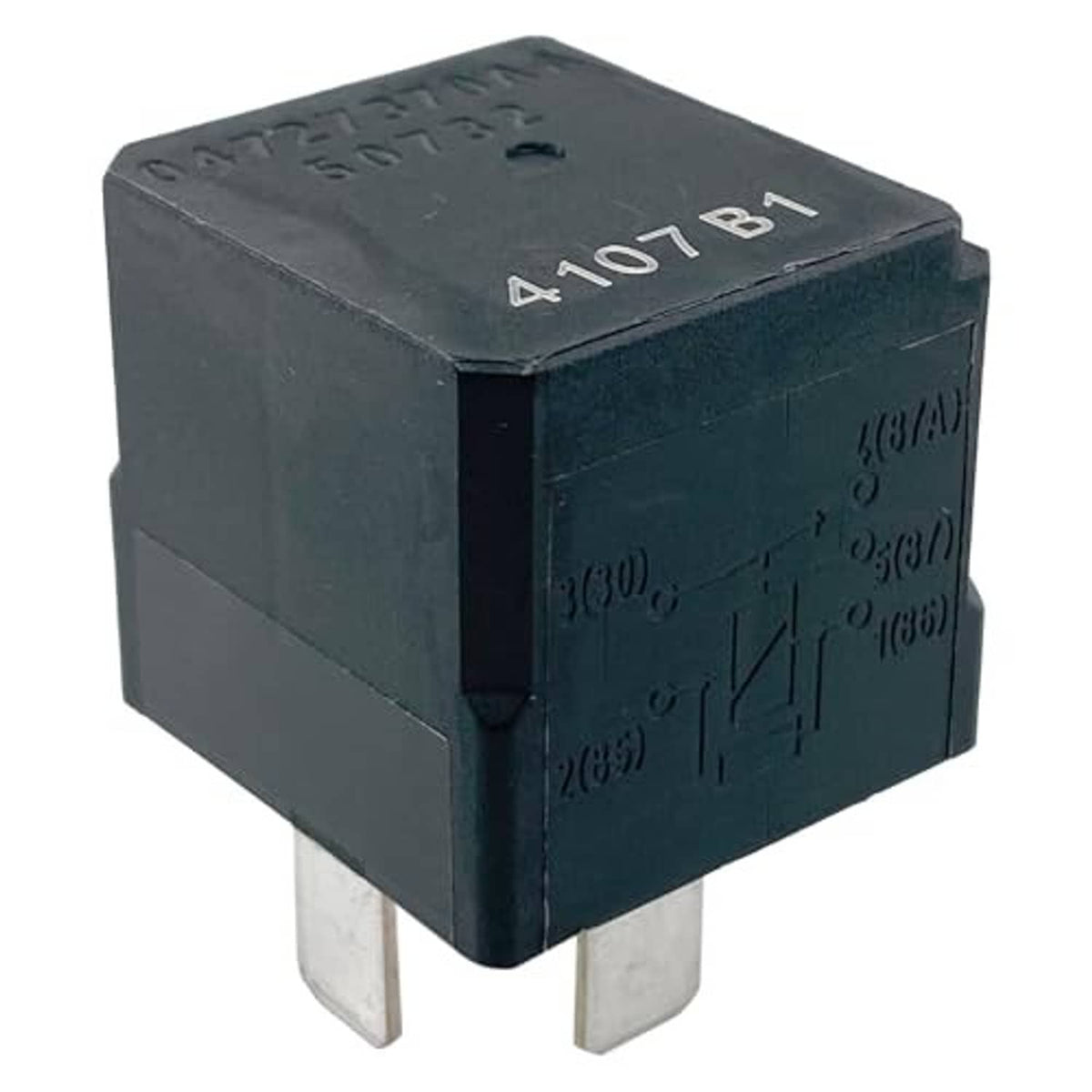 5-pin automotive relay, dark blue case with printed markings and two bottom spade prongs