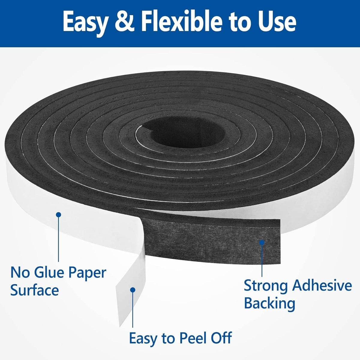 Black foam weatherstrip tape roll with attached adhesive backing strip