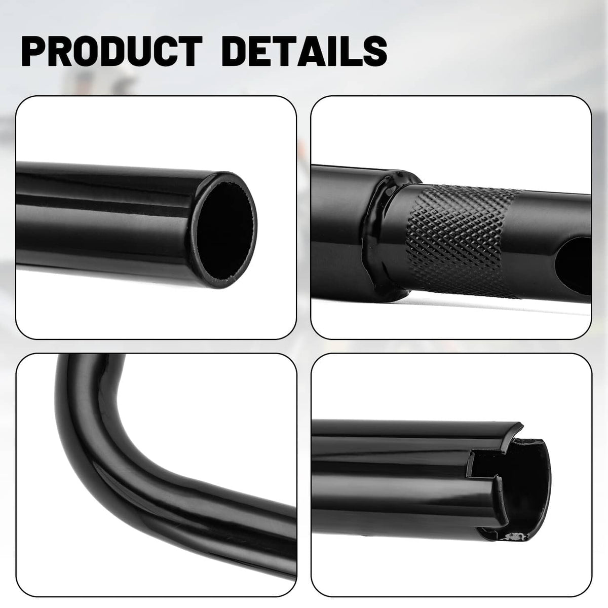Black handlebar grip ends and knurled grip texture detail on ape hanger bars