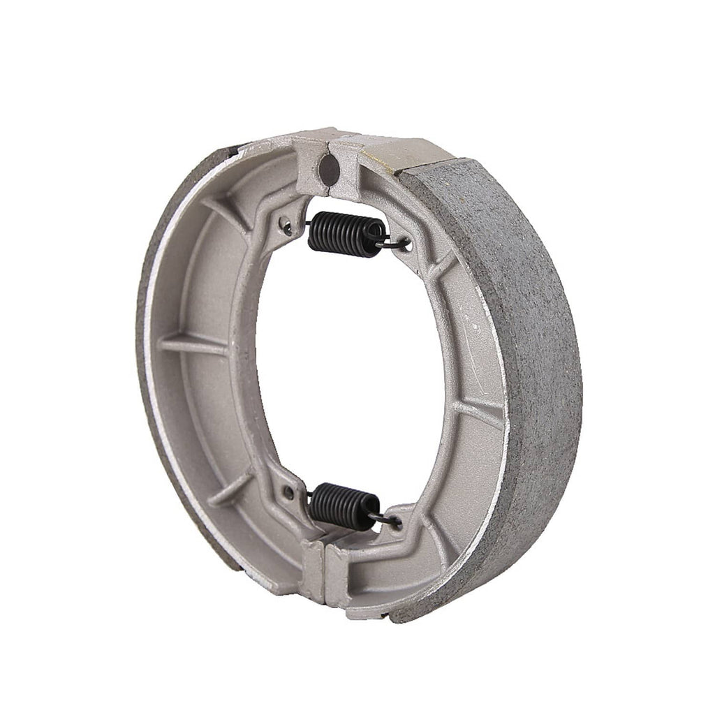 Rear brake shoes set with dark spring assemblies and light gray metal backing