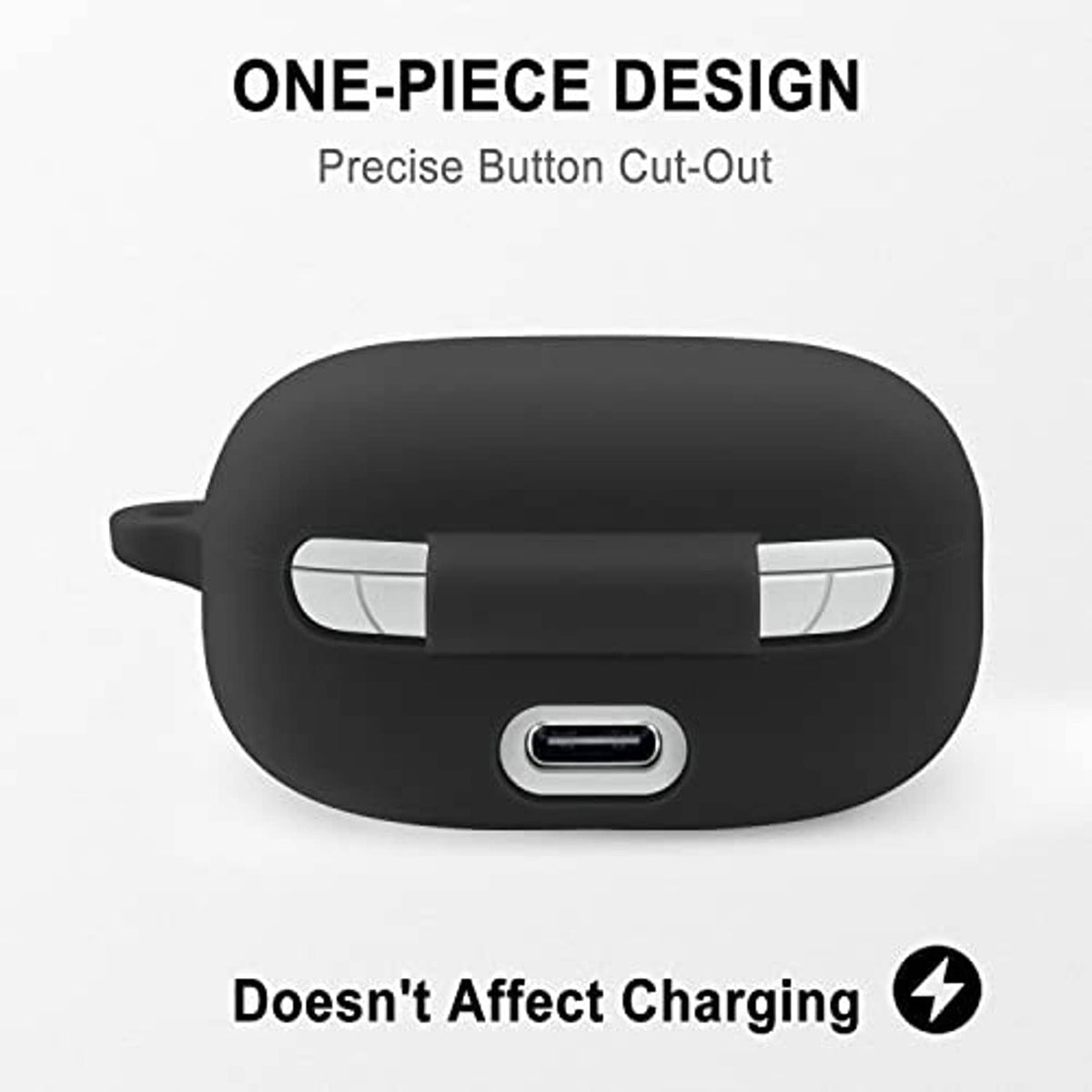 Black silicone earbud case with precise button cutouts and USB-C charging port